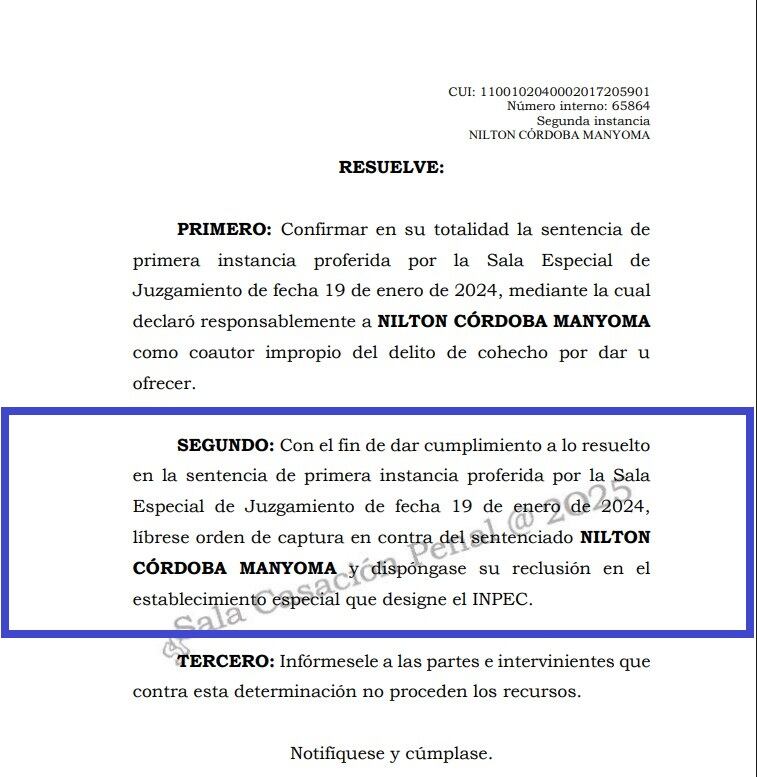 Corte Suprema ordena la captura del excongresista Nilton Córdoba.