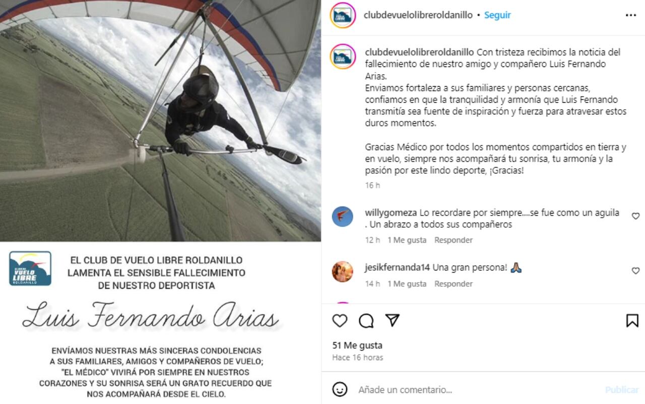 El club de vuelo Libre Roldanillo lamentó la noticia de la muerte del docente.