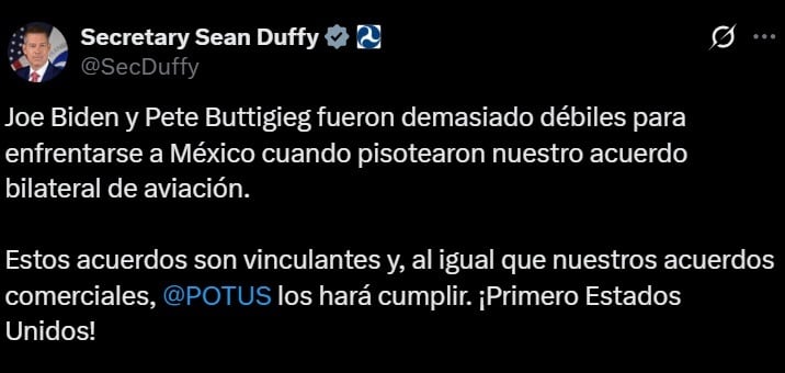 Mensaje emitido por el secretario de transporte de EE.UU.