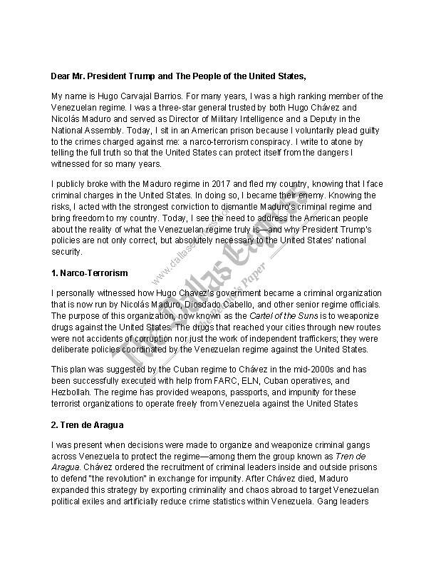 Carta enviada por Hugo Carvajal a Donald Trump