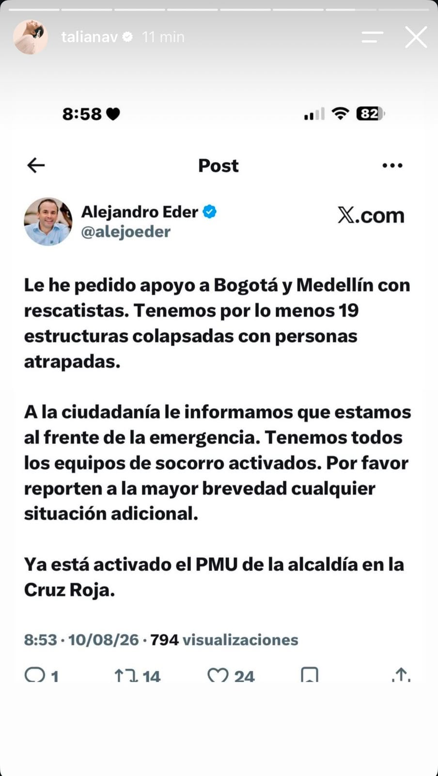 Reacción de Taliana Vargas