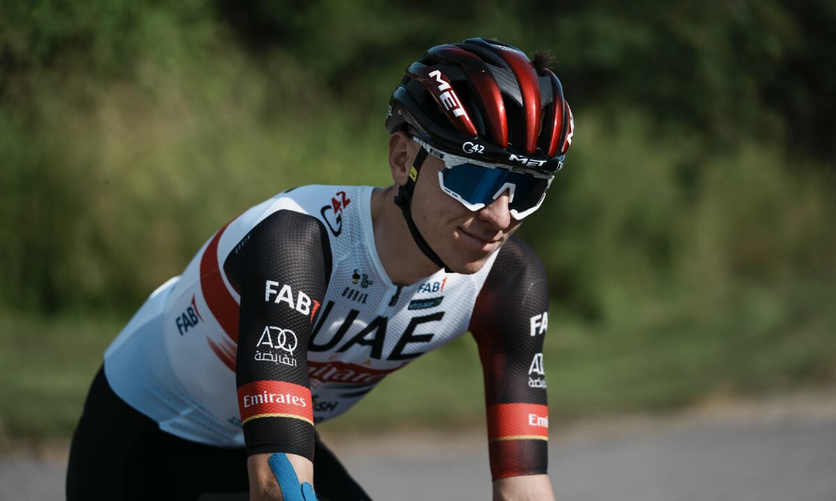 Slovenia's Tadej Pogacar rides during a training near Copenhagen, Denmark, Wednesday, June 29, 2022. (AP/Thibault Camus)