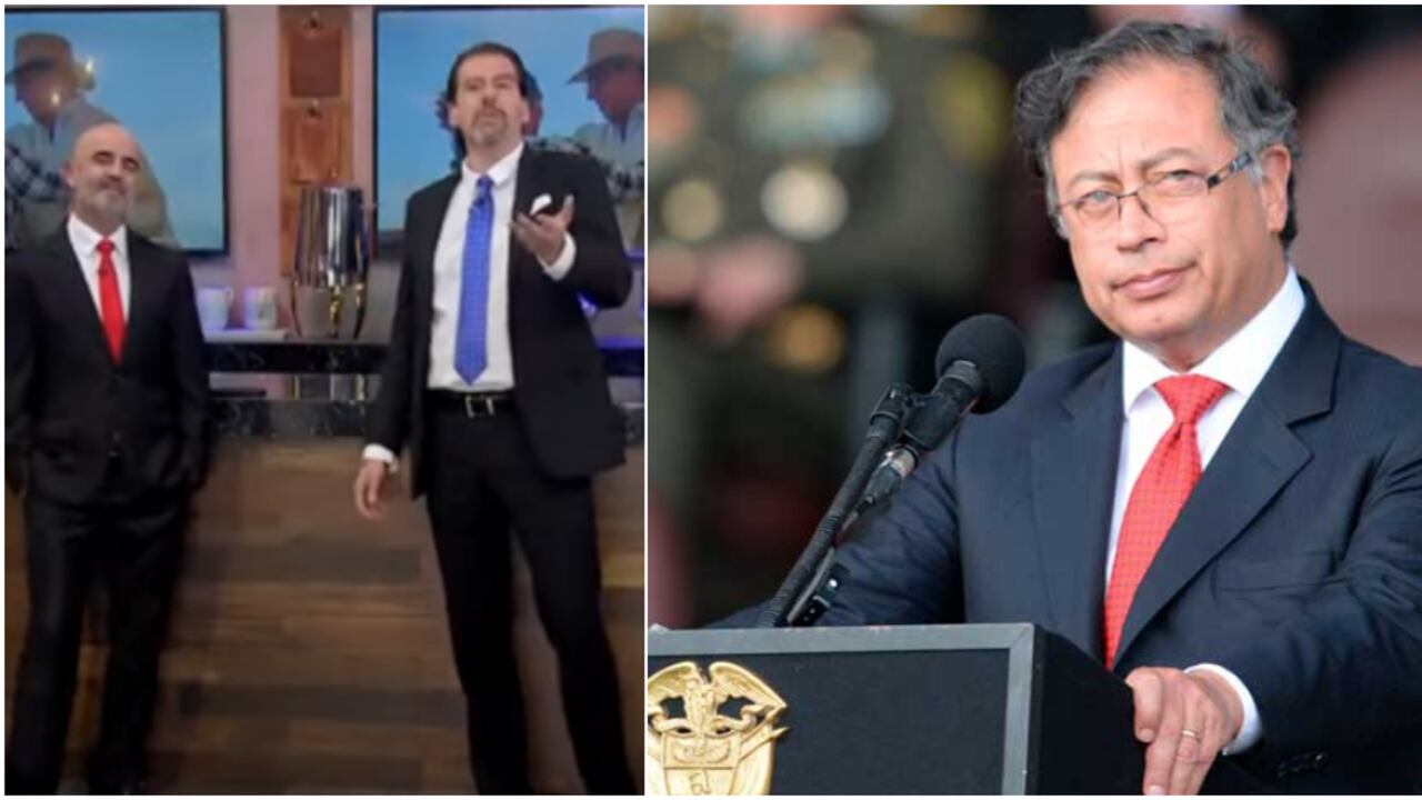 De izquierda a derecha, los presentadores mexicanos José Ramón San Cristóbal y Eduardo Videgara. A la derecha, el presidente de Colombia, Gustavo Petro