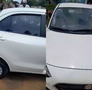 En este vehículo se movilizaban los policías atacados a disparos.