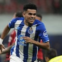 Porto's Luis Diaz celebrates after scoring his side's opening goal during the Champions League group B soccer match between AC Milan and Porto at the San Siro stadium in Milan, Italy, Wednesday, Nov. 3, 2021. (AP Photo/Luca Bruno)