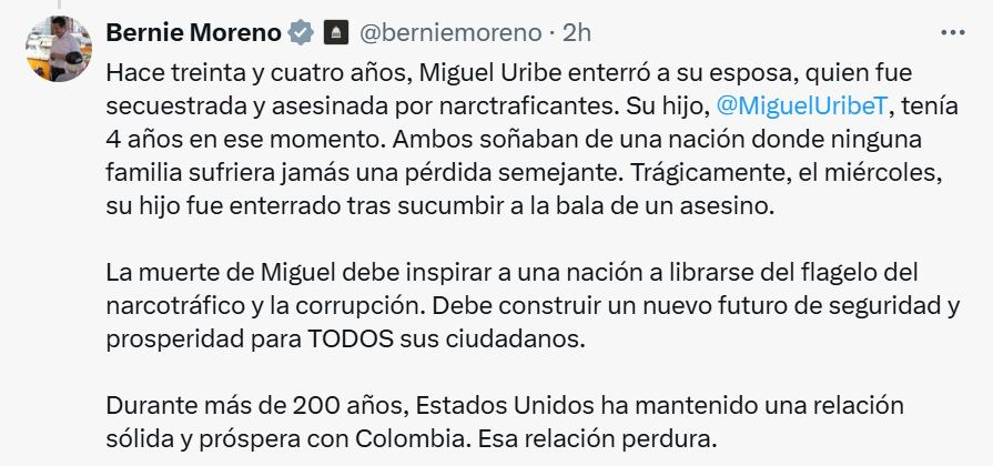 Trino del senador estadounidense Bernie Moreno en X.