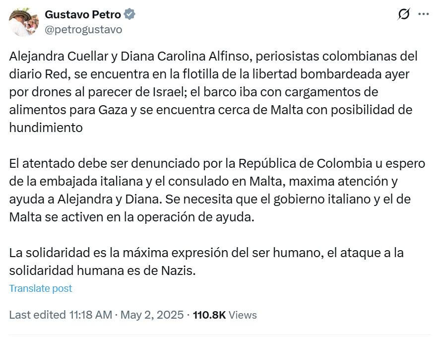 Petro posteó que dos colombianas estaban en barco bombardeado.