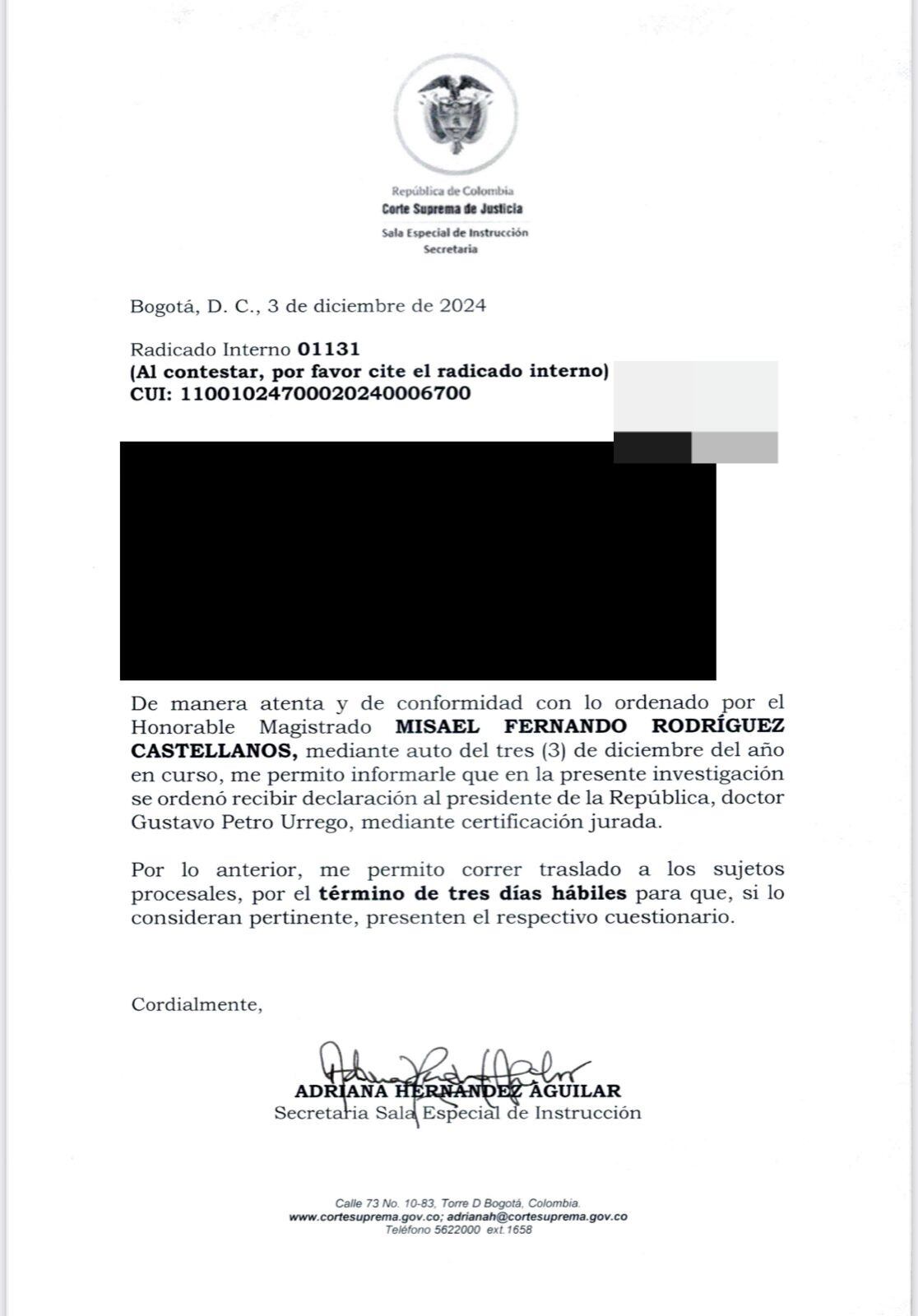 Este es el oficio con el que la Corte Suprema citó al presidente Petro a declarar en la investigación contra los congresistas de la Comisión de Crédito Público salpicados en el caso de la UNGRD.