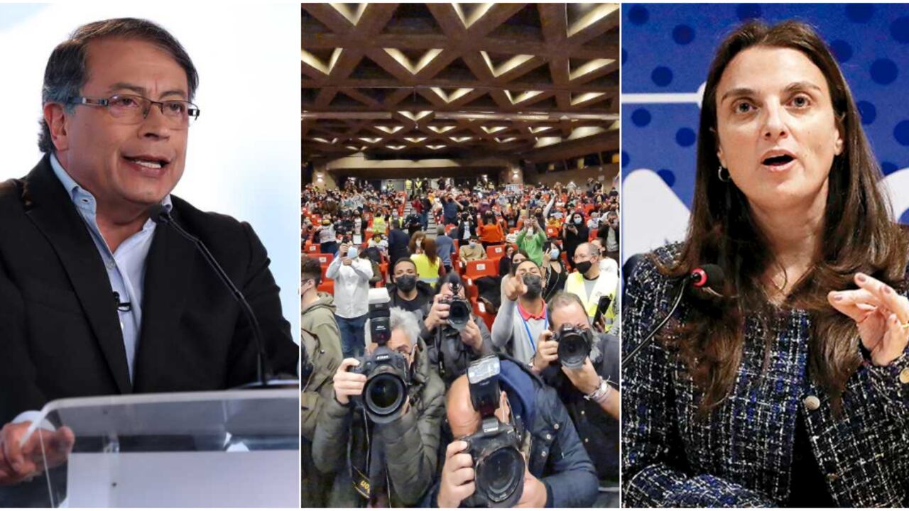 El senador Gustavo Petro, la comunidad colombiana que lo escuchó en España y Karen Abudinen, exministra