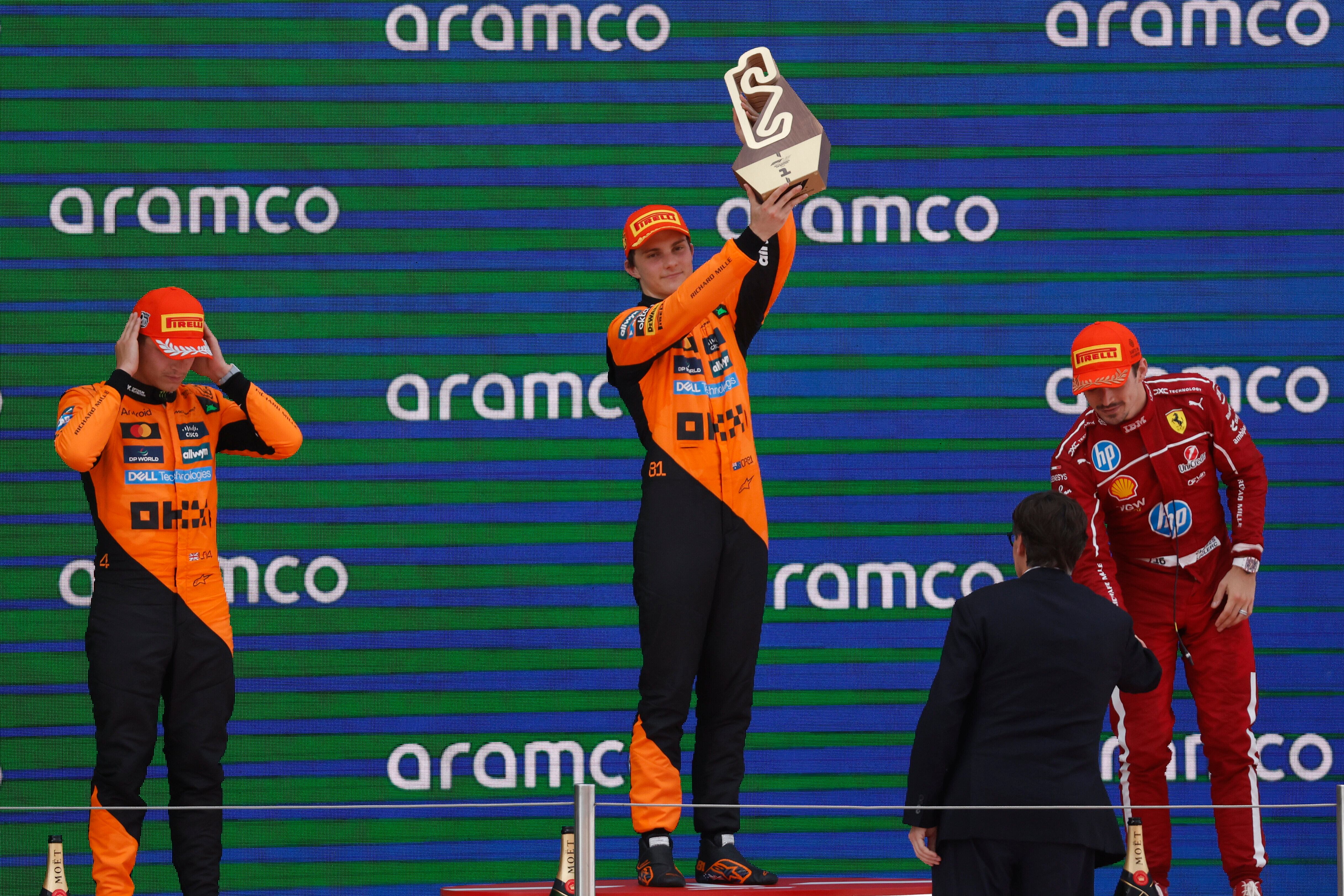 Podio del día en el Gran Premio de España: Oscar Piastri, Lando Norris, Charles Leclerc.