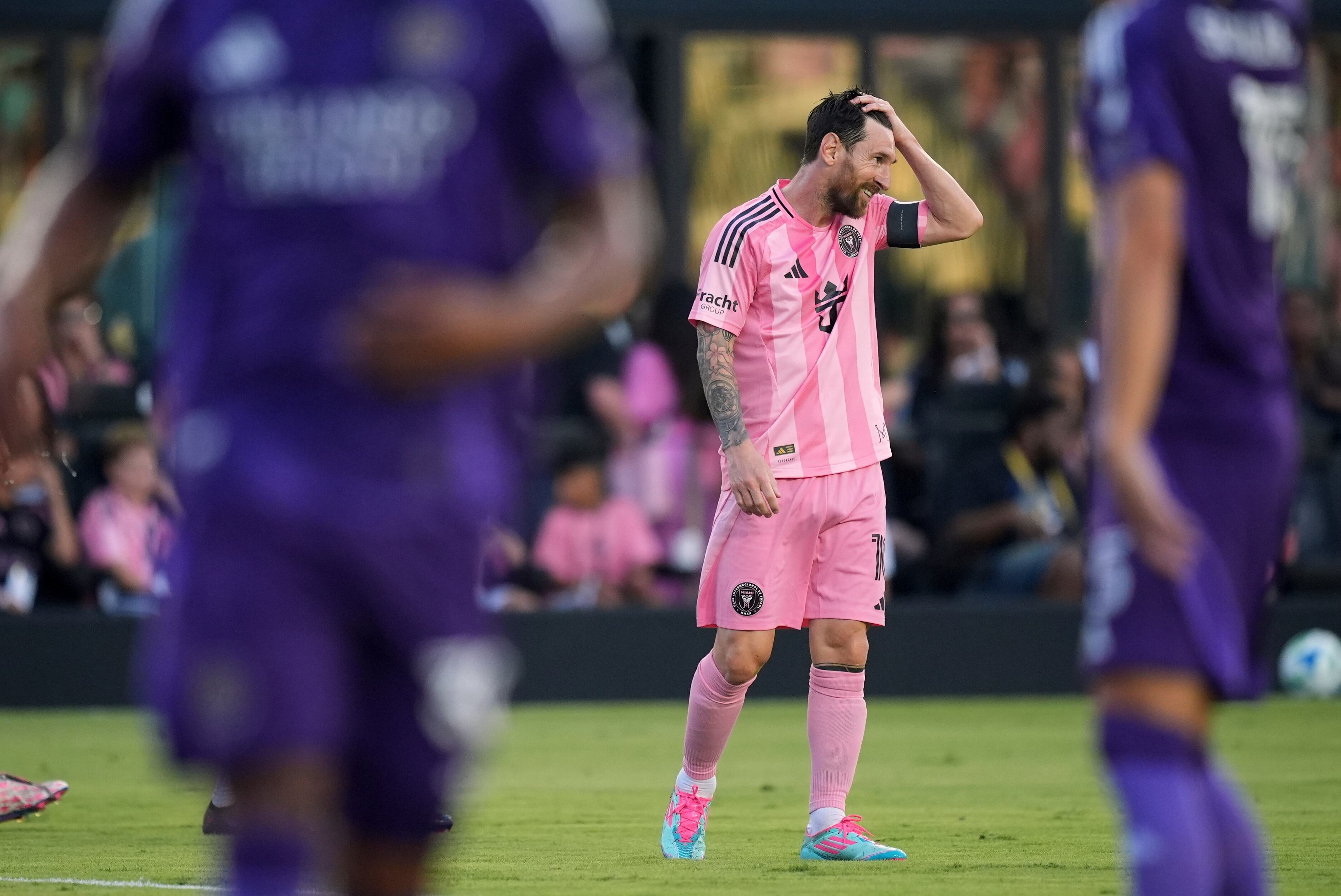 Inter Miami forward Lionel Messi (10) reacts following an unsuccessful scoring attempt during the first half of an MLS soccer match against Orlando City, Sunday, May 18, 2025, in Fort Lauderdale, Fla. (AP Photo/Rebecca Blackwell)