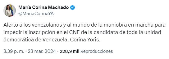 Publicación de María Corina Machado en su cuenta de X.