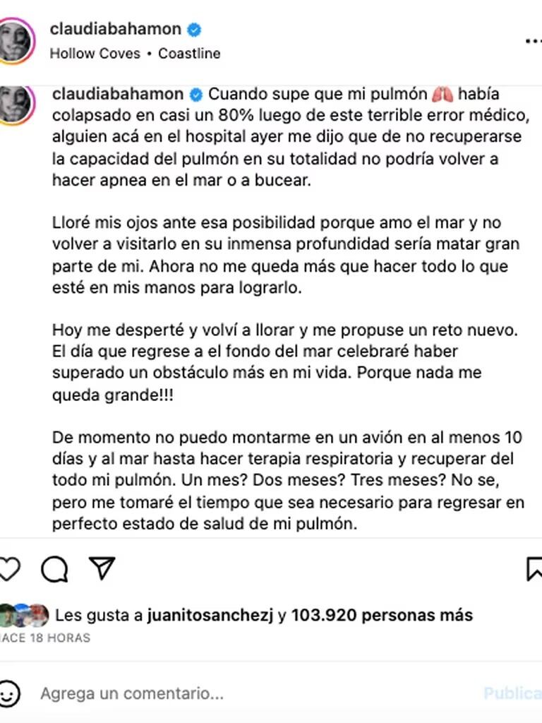 La presentadora detalló la terapia que tendrá que llevar para su recuperación pulmonar. Foto: Instagram @claudiabahamon