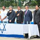 Embajador de Israel en Colombia, Gali Dagan; Marcos Peckel, director ejecutivo de la Confederación de Comunidades Judías de Colombia; Manuel Virgüez, senador de la República; Eduardo Ramírez, rector del Colegio Agustín Fernández; Tal Mizrahi, jefe de la delegación de HFL en Colombia, y Fabrizzio Huérfano, subsecretario de Gestión Institucional de la Secretaría de Educación del Distrito.