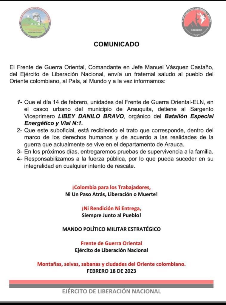 ELN confirma que tiene en su poder a sargento del Ejército