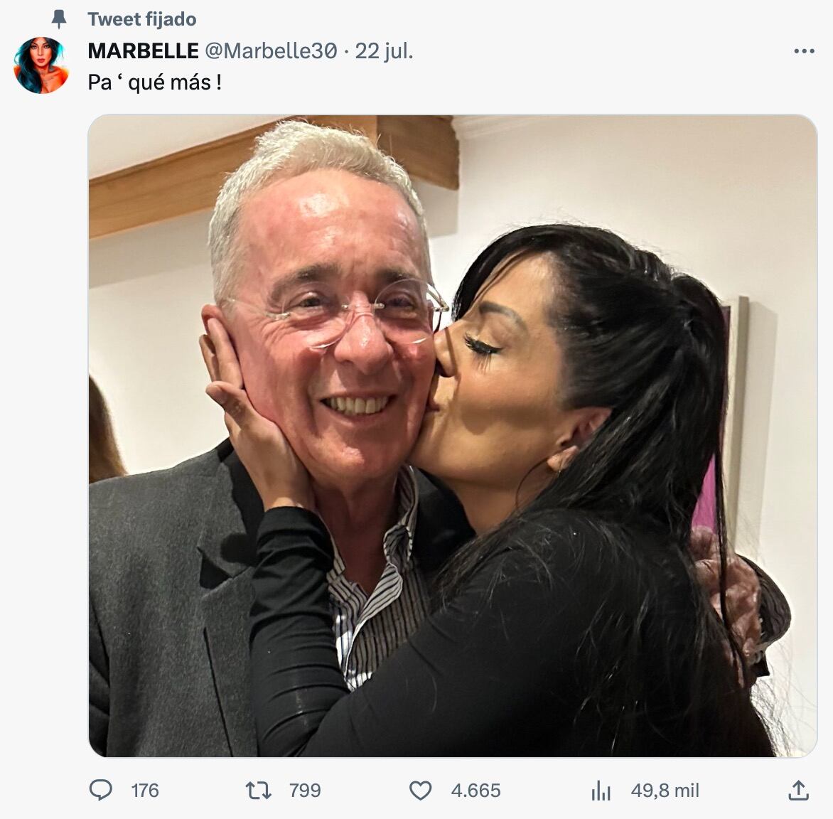 Marbelle muestra su apoyo incondicional al expresidente Álvaro Uribe