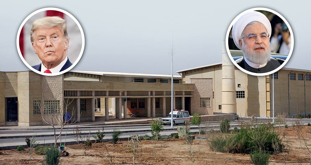 La planta núclear de Natanz al sur de Teherán. A la izquierda el presidente de Estados Unidos, Donald Trump, y a la izquierda el presidente de Irán, Hassan Rouhani. 