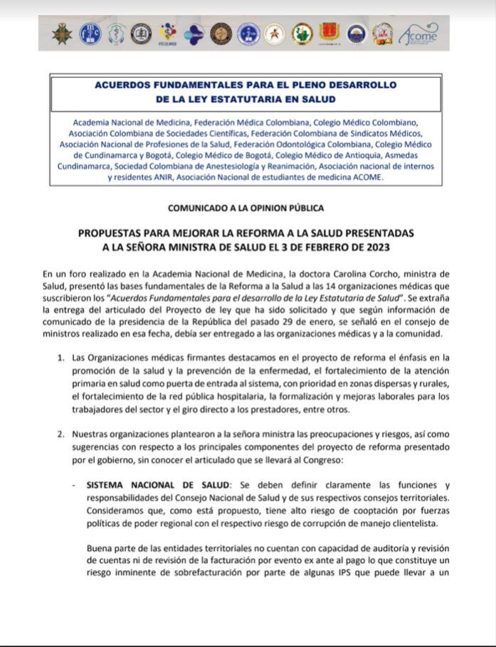 Comunicado a la opinión pública sobre la reforma a la salud.