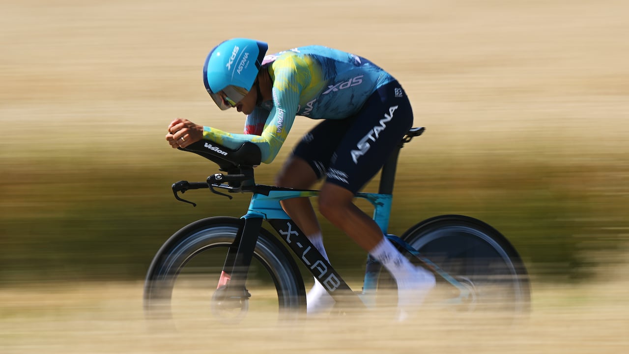 SAINT-PERAY, FRANCE - JUNE 10: Harold Tejada of Colombia and Team XDS Astana competes during the 77th Criterium du Dauphine 2025, Stage 4 a 17.4km individual time trial stage from Charmes-sur-Rhone to Saint-Peray / #UCIWT / on June 10, 2025 in Saint-Peray, France. (Photo by Dario Belingheri/Getty Images)