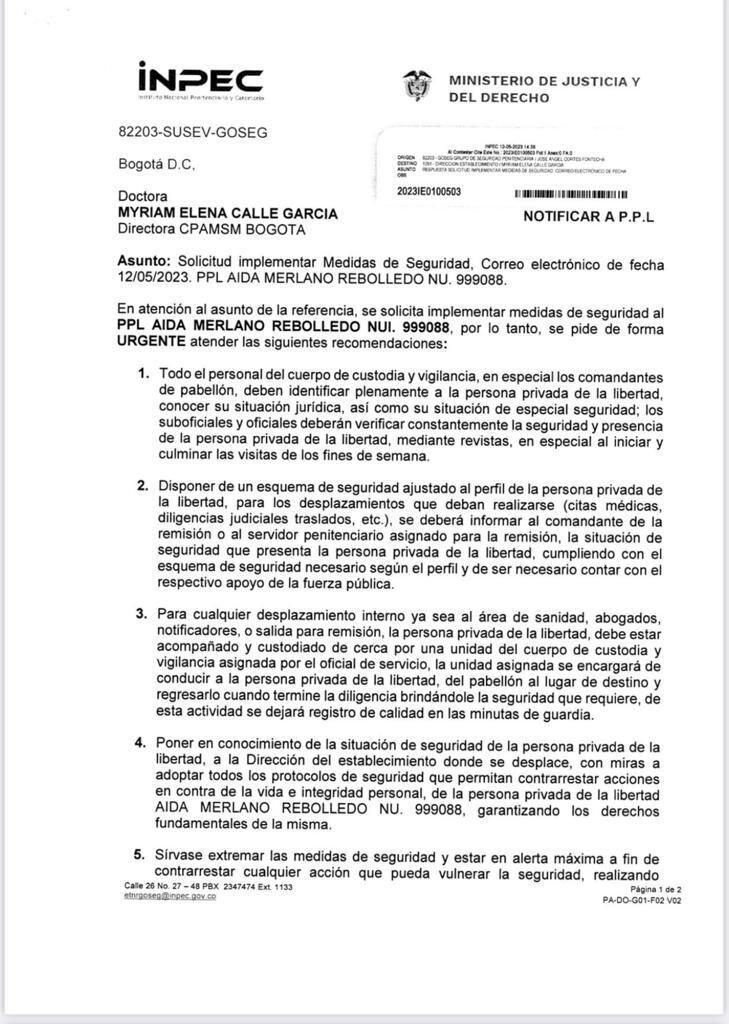 Inpec aumenta medidas de seguridad a Aida Merlano.