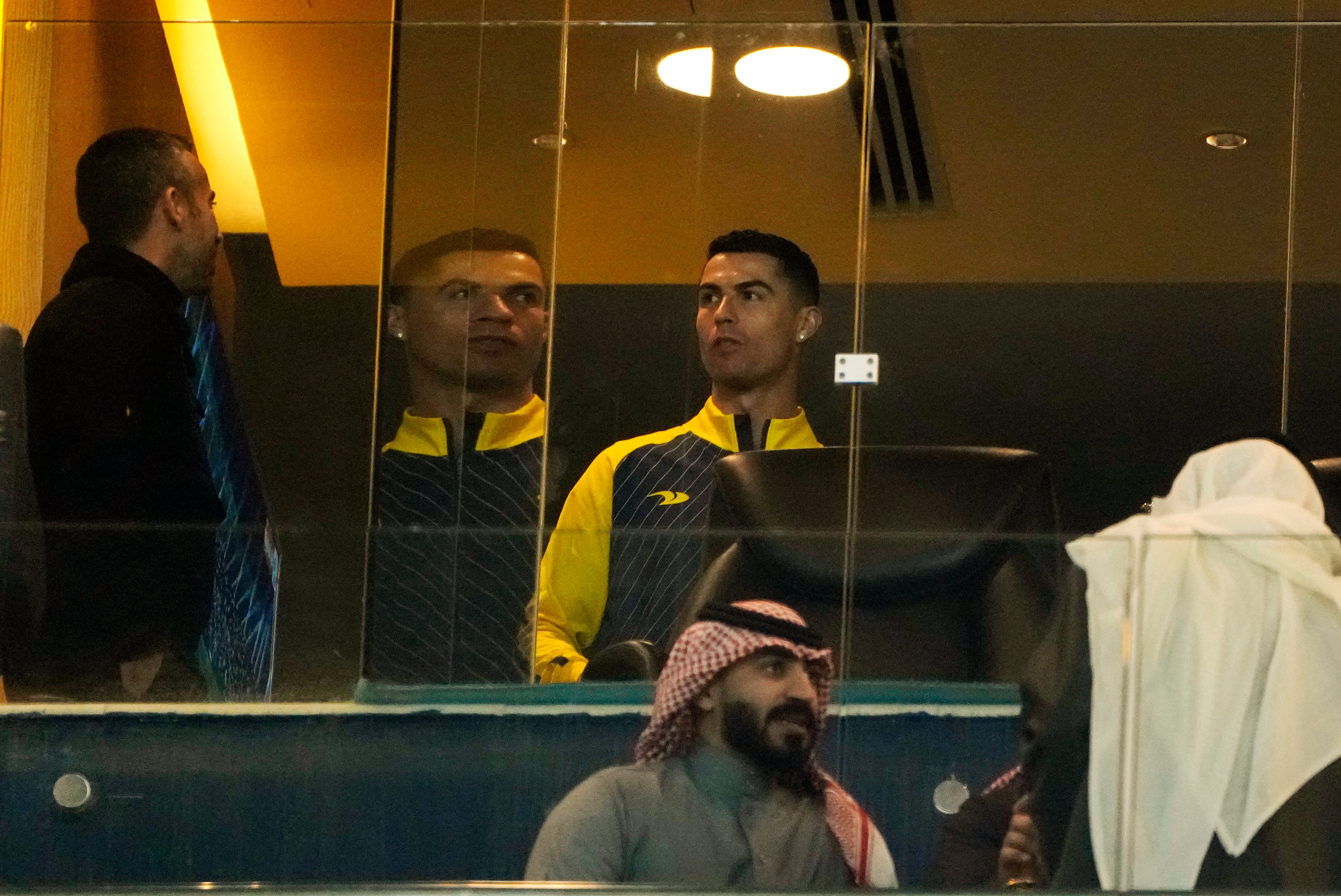 Cristiano Ronaldo attends his team match against Al Tai on the Saudi League at Marsool Park in Riyadh, Saudi Arabia, Friday, Jan. 6, 2023. Ronaldo, who has won five Ballon d'Ors awards for the best soccer player in the world and five Champions League titles, will play outside of Europe for the first time in his storied career. (AP Photo/Amr Nabil)