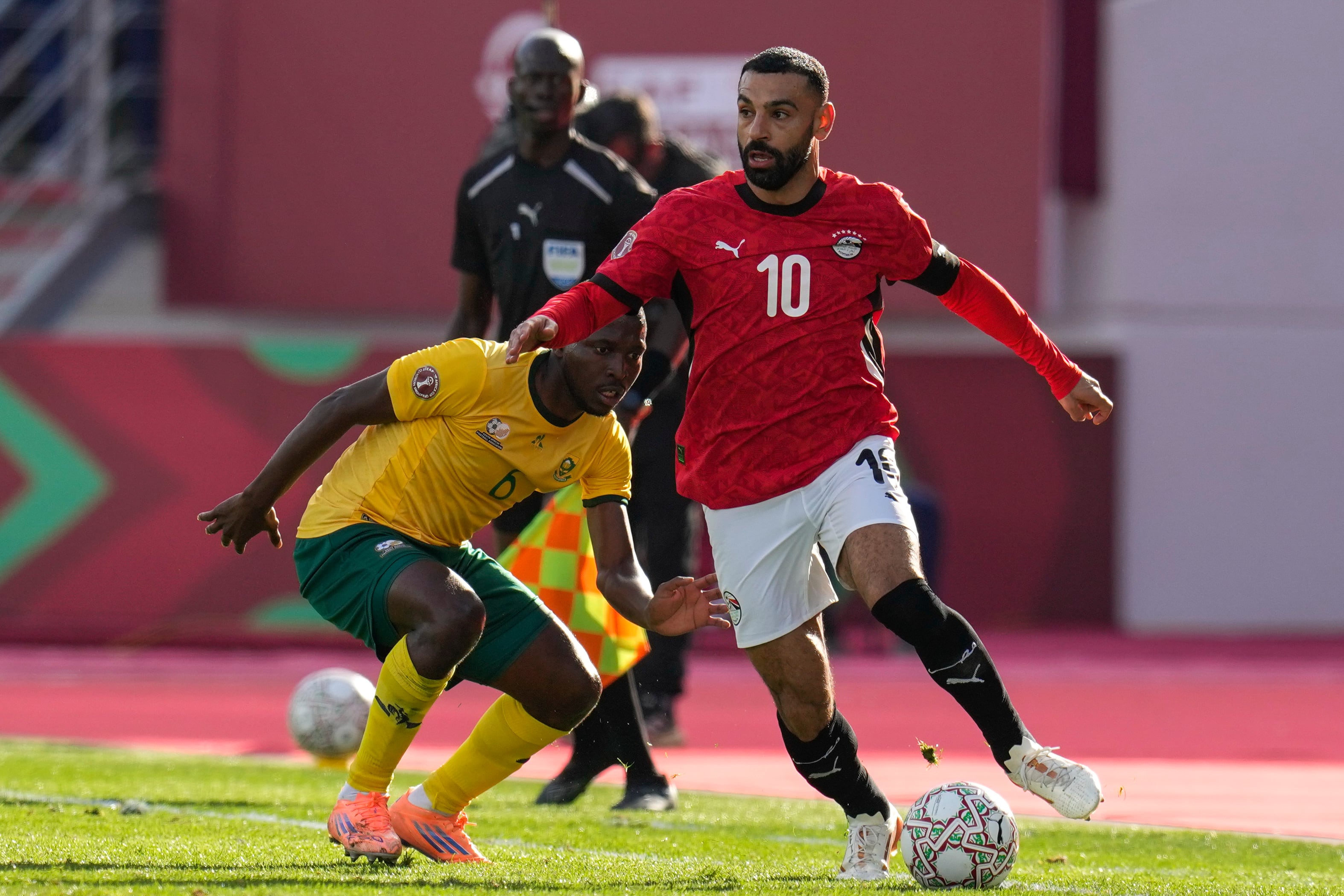 Egypt's Mohamed Salah in action during the Africa Cup of Nations group B soccer match between Egypt and South Africa in Agadir, Morocco, Friday, Dec. 26, 2025. (AP Photo/Themba Hadebe)