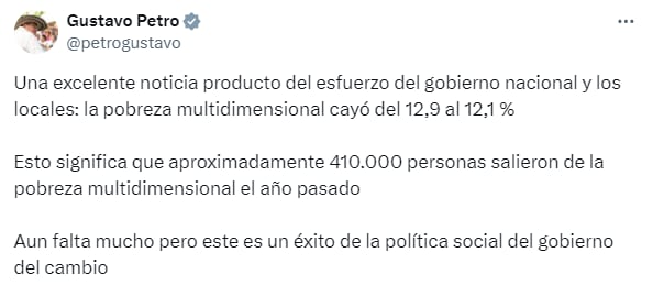 El presidente Gustavo Petro destacó las cifras de Pobreza Multidimensional en Colombia.