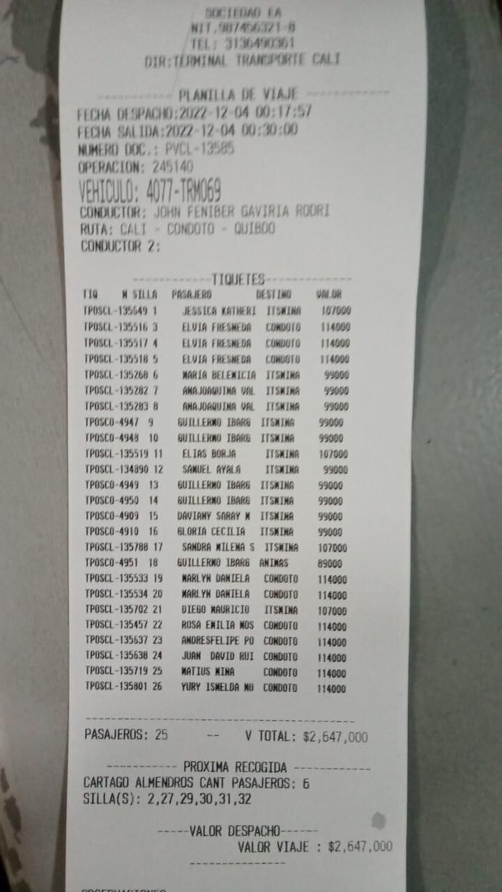 Este es el tiquete de pasajeros registrado por la terminal de Cali.