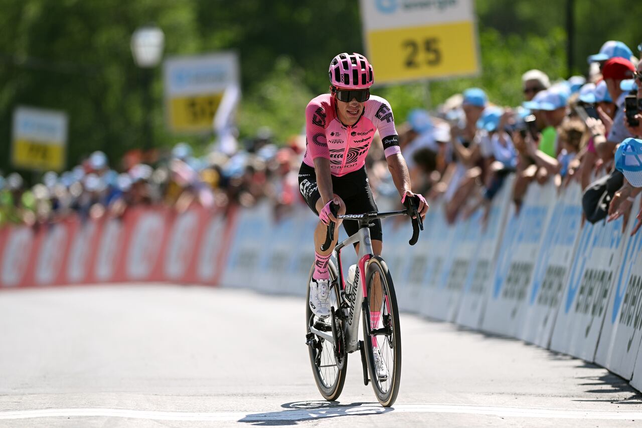 LEUKERBAD, SWITZERLAND - JUNE 14: Rigoberto Uran of Colombia and Team EF Education-EasyPost crosses the finish line during the 86th Tour de Suisse 2023, Stage 4 a 152.5km stage from Monthey to Leukerbad 1367m / #UCIWT / on June 14, 2023 in Leukerbad, Switzerland. (Photo