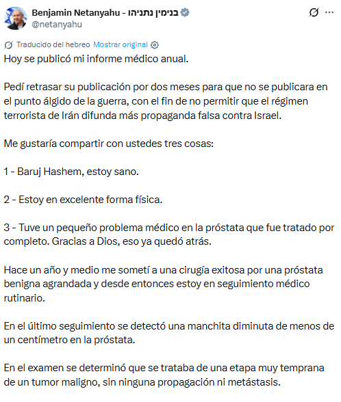 Mensaje emitido por Netanyahu en sus redes sociales