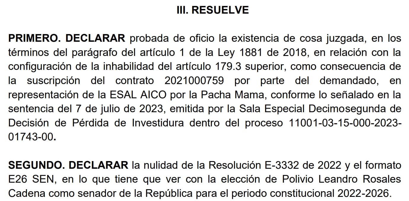 Sentencia Consejo de Estado curul senador Polivio Leandro Rosales.