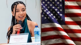 Juliana Guerrero y bandera de Estados Unidos.