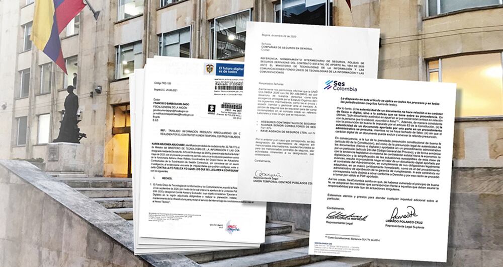  Denuncia presentada por el MinTIC ante la Fiscalía, certificados emitidos por Centros Poblados para autorizar corredores de seguros y constancia de SES Colombia para validar las garantías entregadas por Centros Poblados.