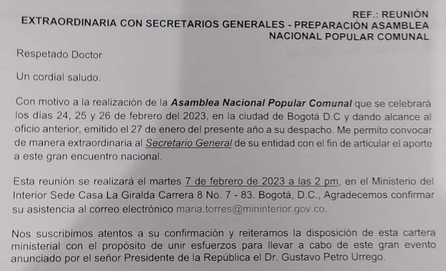 Documento del Ministerio del Interior solicitando apoyo al Ministerio de Defensa para la Gran Asamblea de Juntas de Acción Comunal.