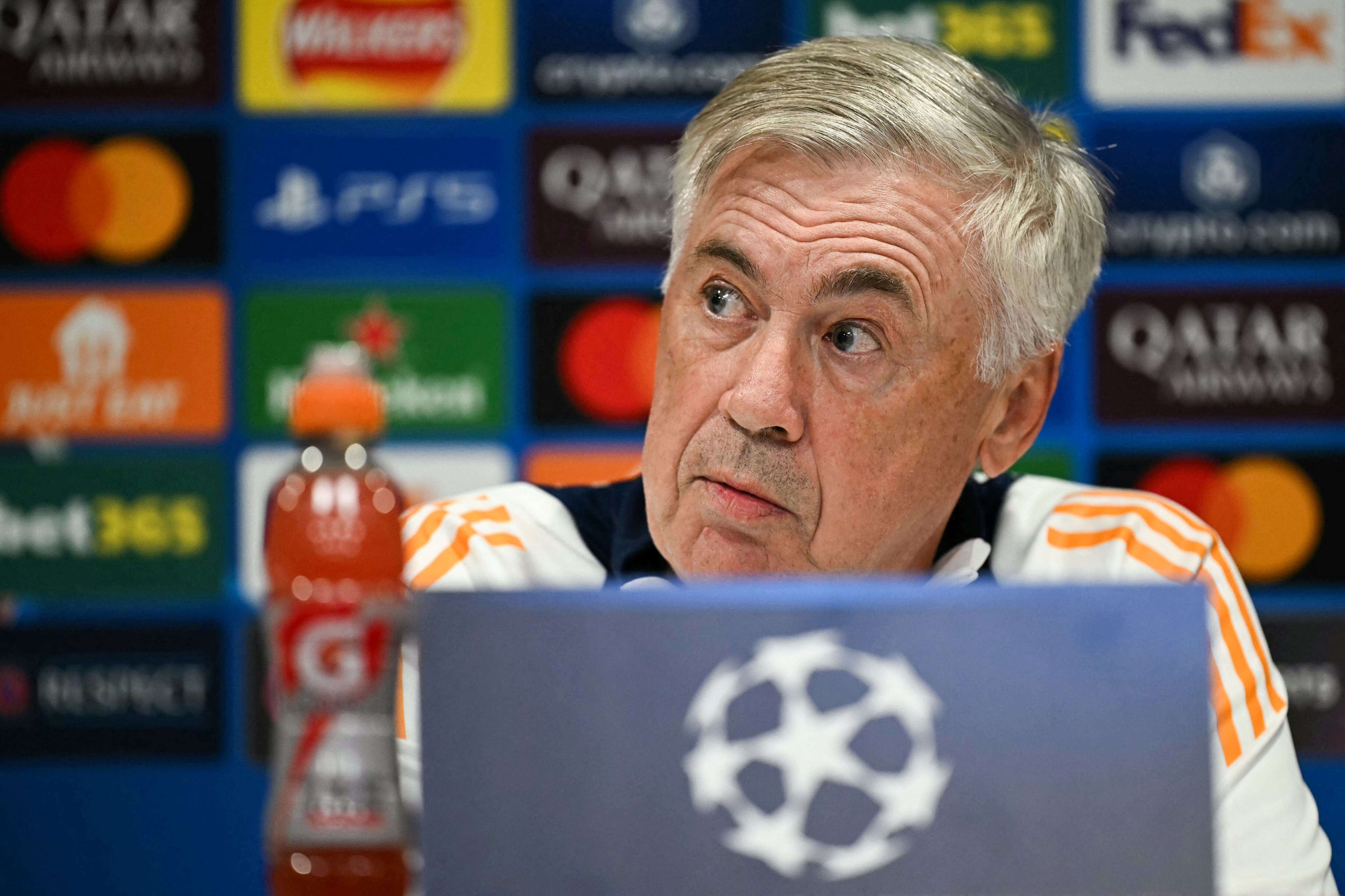 Real Madrid's Italian coach Carlo Ancelotti reacts as he speaks during a press conference at Anfield Stadium in Liverpool, north west England, on November 26, 2024, on the eve of their UEFA Champions League football match against Liverpool. (Photo by Paul ELLIS / AFP)