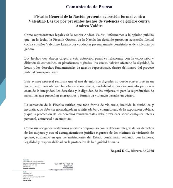 Con este comunicado, el abogado Víctor Mosquera informó la decisión de la Fiscalía de presentar acusación formal contra Valentino Lázaro.