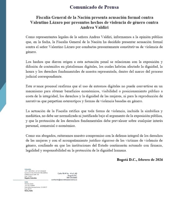 Con este comunicado, el abogado Víctor Mosquera informó la decisión de la Fiscalía de presentar acusación formal contra Valentino Lázaro.