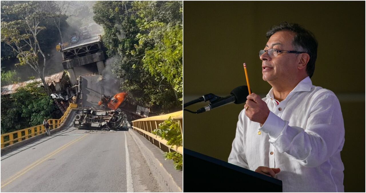 Presidente Gustavo Petro y el puente colapsado sobre el río La Vieja
