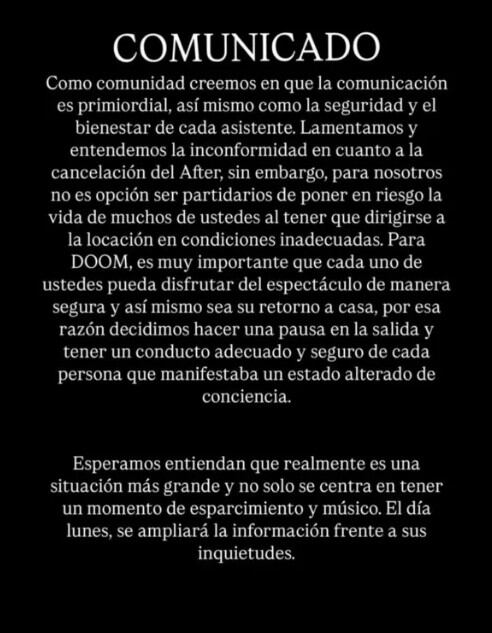 Doom Festival publicó y borró pocos minutos después un minuto en referencia a los hechos.