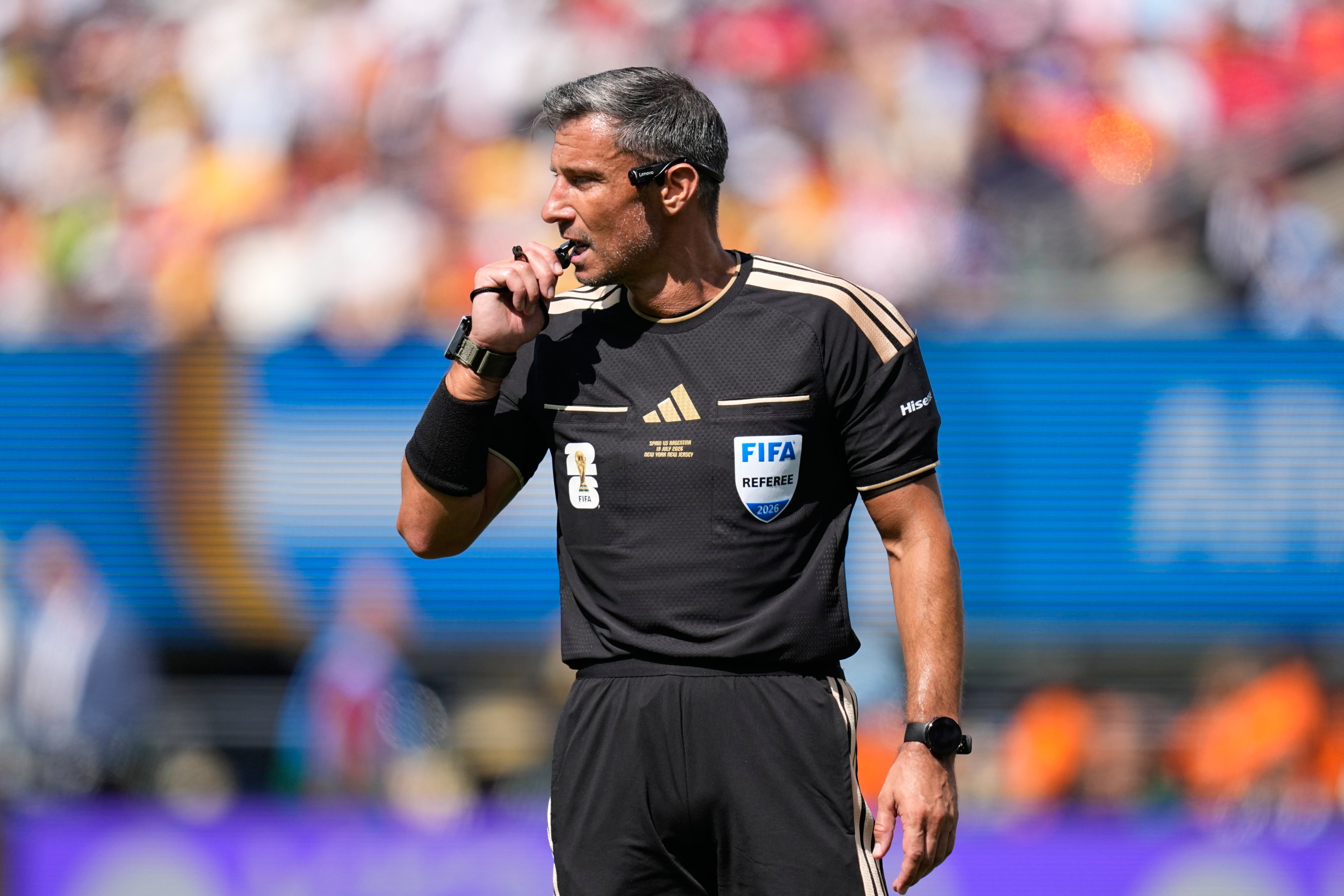 Referee Slavko Vincic, of Slovenia, during the World Cup final soccer match between Spain and Argentina in East Rutherford, N.J., near New York, Sunday, July 19, 2026. (AP Photo/Ashley Landis)