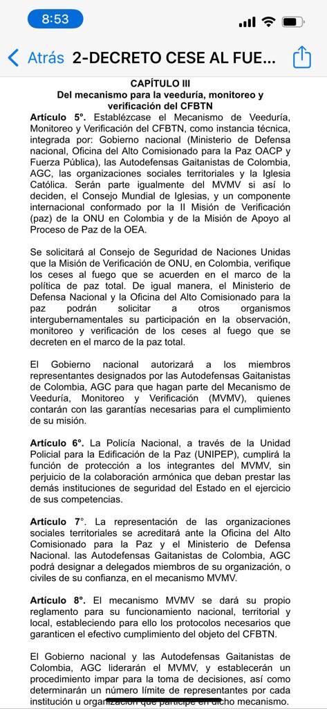 Decreto cese al fuego del gobierno del presidente Gustavo Petro con varios actores armados en el país.