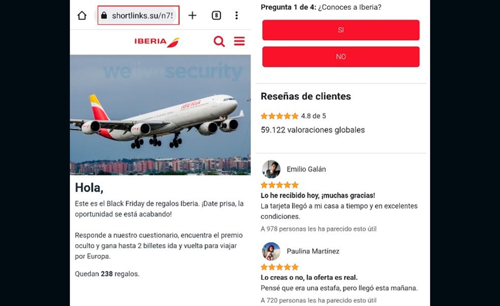 Estafa de tiquetes gratis con Iberia que circula en WhatsApp.