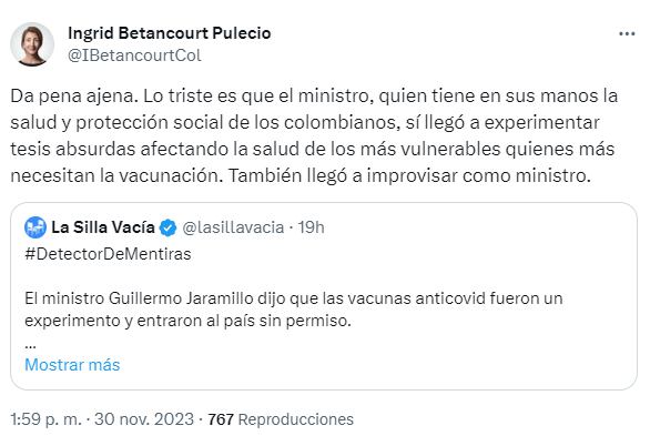 Publicación de Ingrid Betancourt en X.