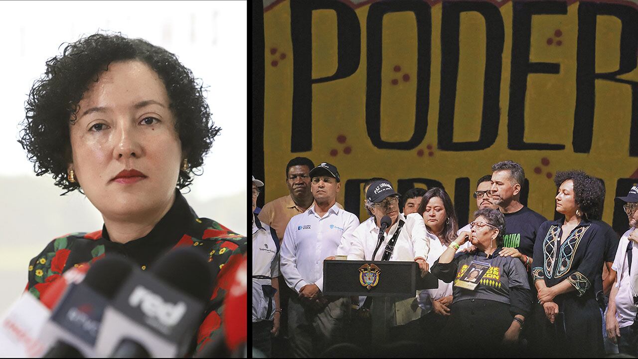 A la izquierda, Isabel Cristina Zuleta, senadora del Pacto Histórico. A la derecha, el ‘tarimazo’ de Petro en Medellín.