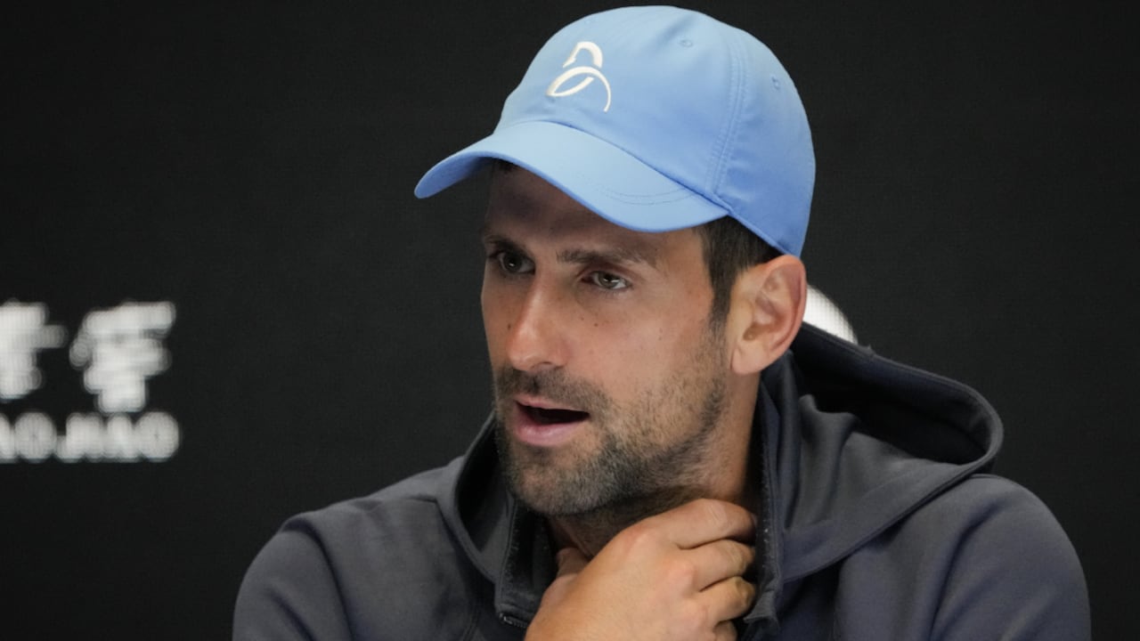Serbia's Novak Djokovic reacts during a press conference ahead of the Australian Open tennis championship in Melbourne, Australia, Saturday, Jan. 14, 2023. (AP/Aaron Favila)