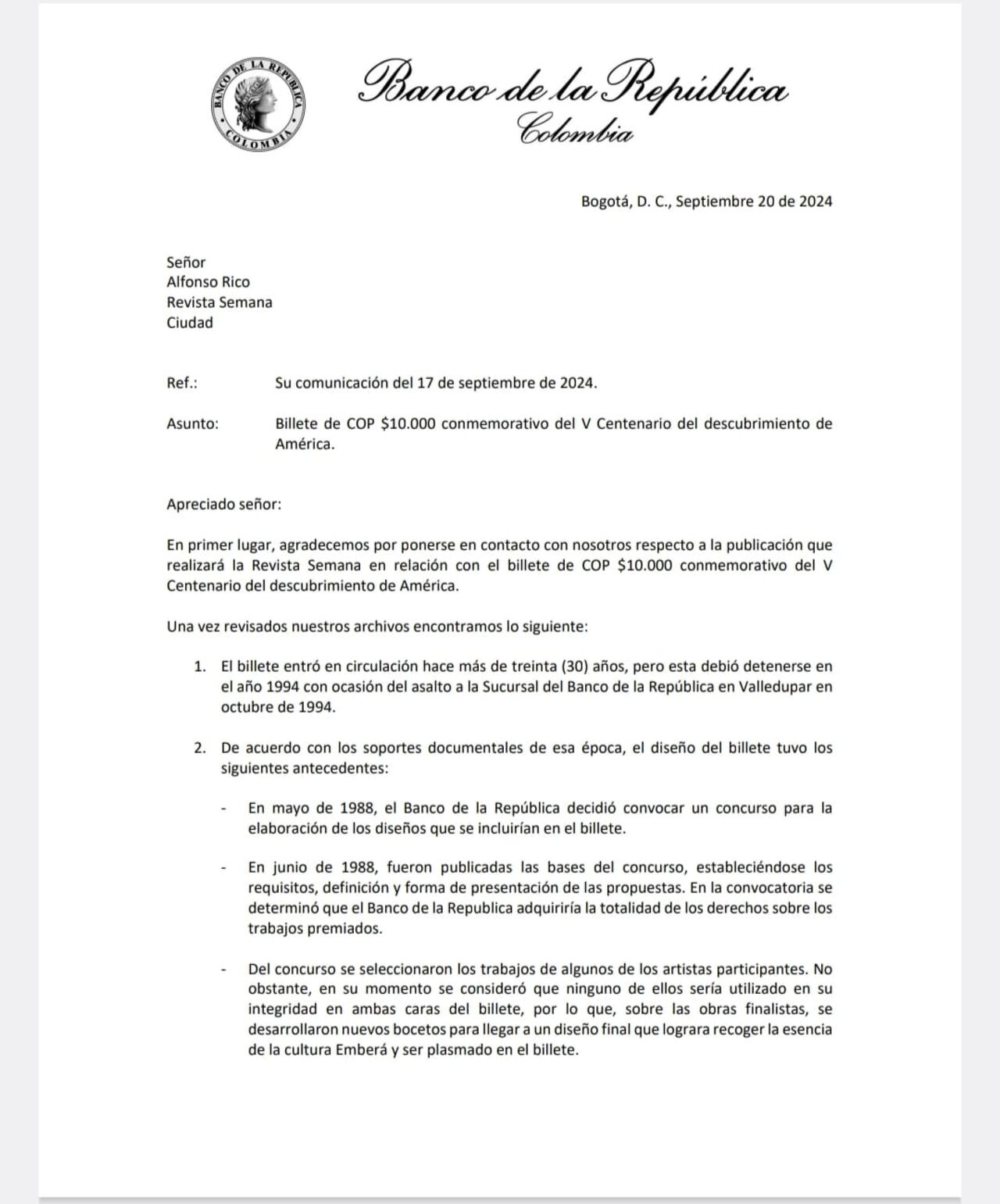 Carta del Banco de la República a SEMANA con motivo de la historia del billete de diez mil pesos colombianos