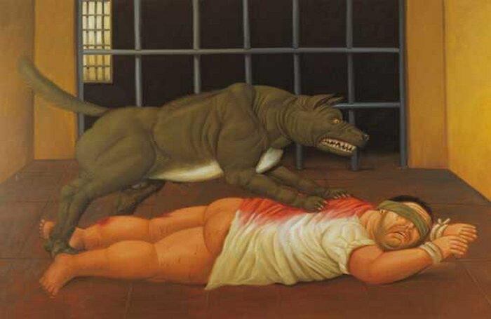 "Abu Ghraib 45" (2005), de Fernando Botero, hace parte de las más de 30 pinturas y dibujos que el artista realizó como parte de su serie sobre las torturas de Abu Ghraib y que donó a la Universidad de Berkeley.