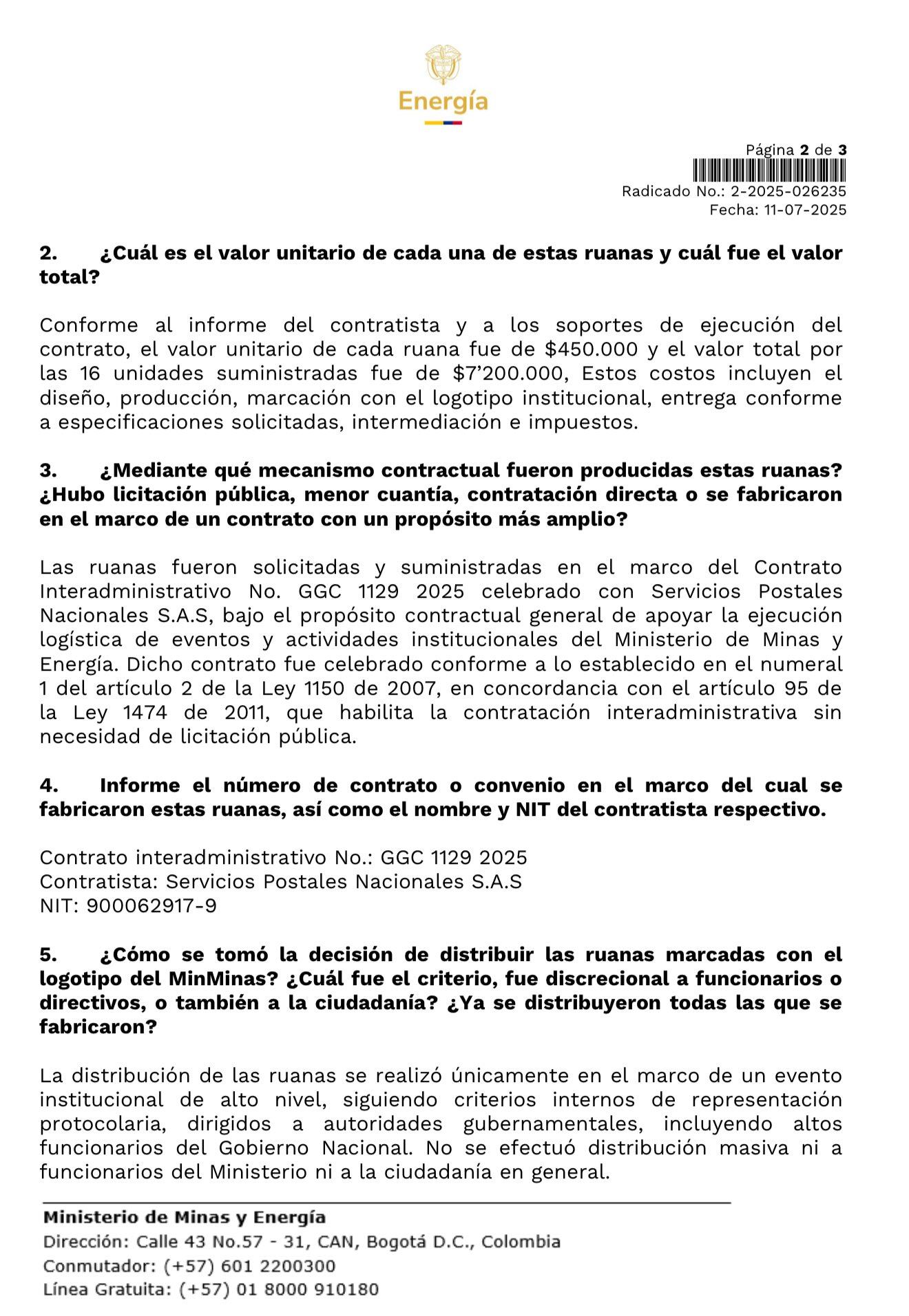 Respuestas del Ministerio de Minas y Energía sobre la compra de las ruanas. Tomada de la cuenta de @german_ricaurte