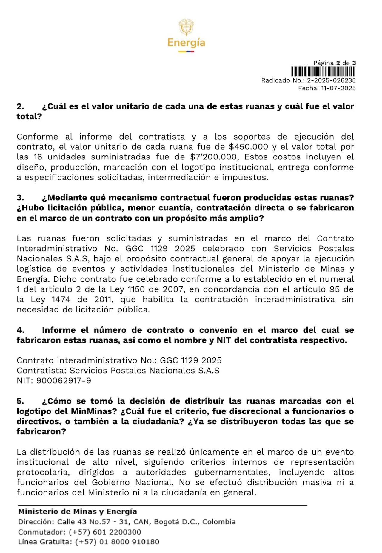 Respuestas del Ministerio de Minas y Energía sobre la compra de las ruanas. Tomada de la cuenta de @german_ricaurte