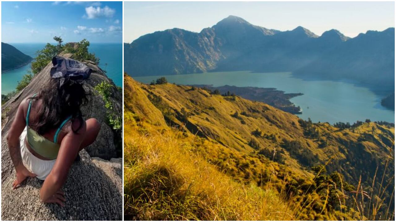 De izquierda a derecha: Juliana Marins, en una foto que publicó en Instagram. A la derecha, una de las panorámicas del monte Rinjani, en Indonesia